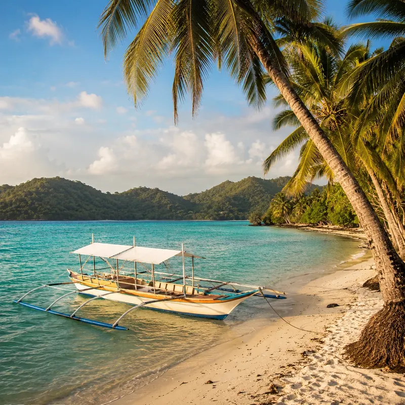 Traditional outrigger boat on a tropical beach with palm trees