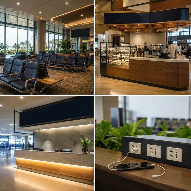 Photo collage of airport amenities including seating, a food counter, an information desk, and a charging station