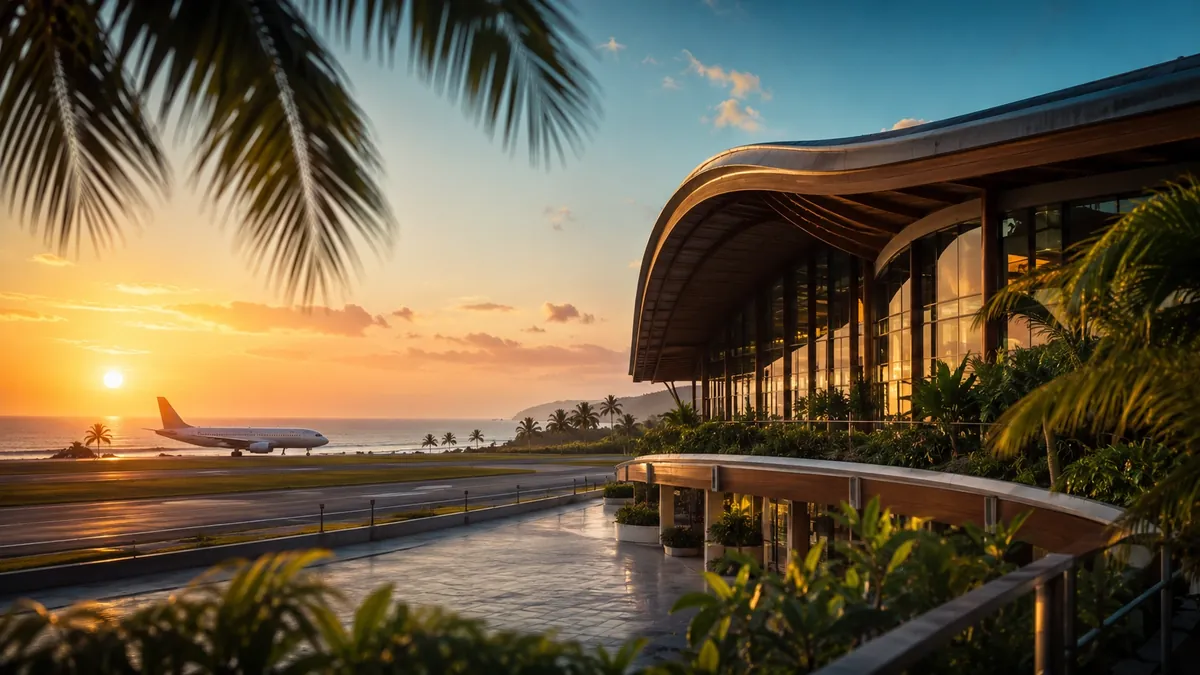 Tropical airport terminal exterior at sunrise with an aircraft on the tarmac and palm trees in the foreground