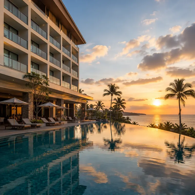 Hotel exterior with an infinity pool overlooking the ocean at sunset