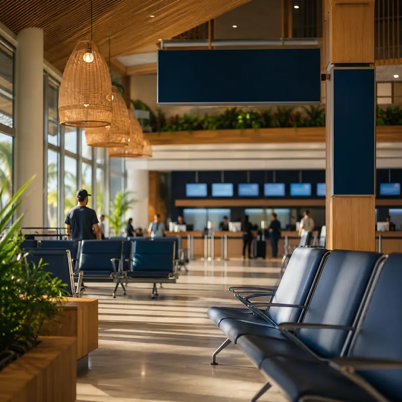 Modern airport terminal interior with passenger seating and check-in counters