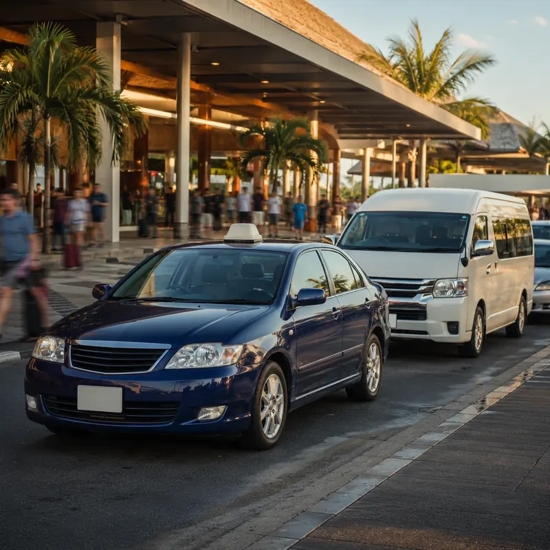 Taxi and passenger van parked at an airport terminal curb
